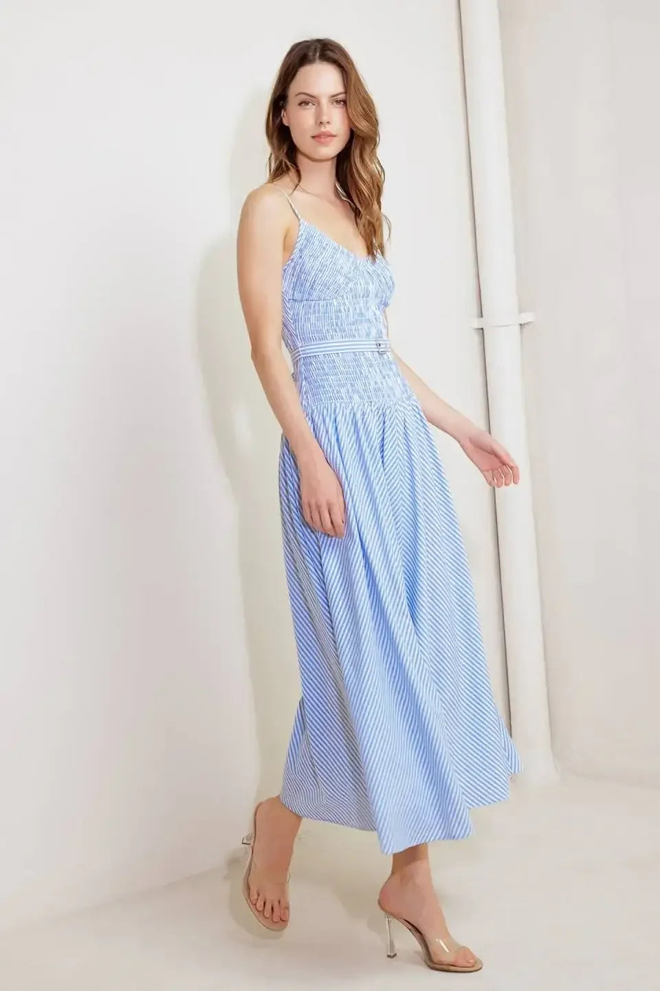 JOURNI STRIPED MIDI DRESS - BLUE & WHITE