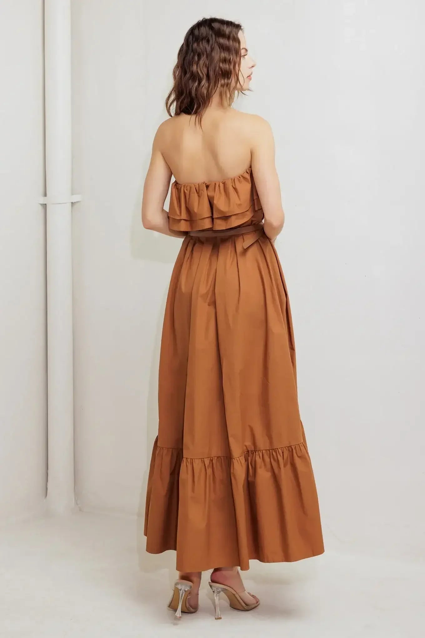 MILK & HONEY STRAPLESS BROWN MIDI DRESS