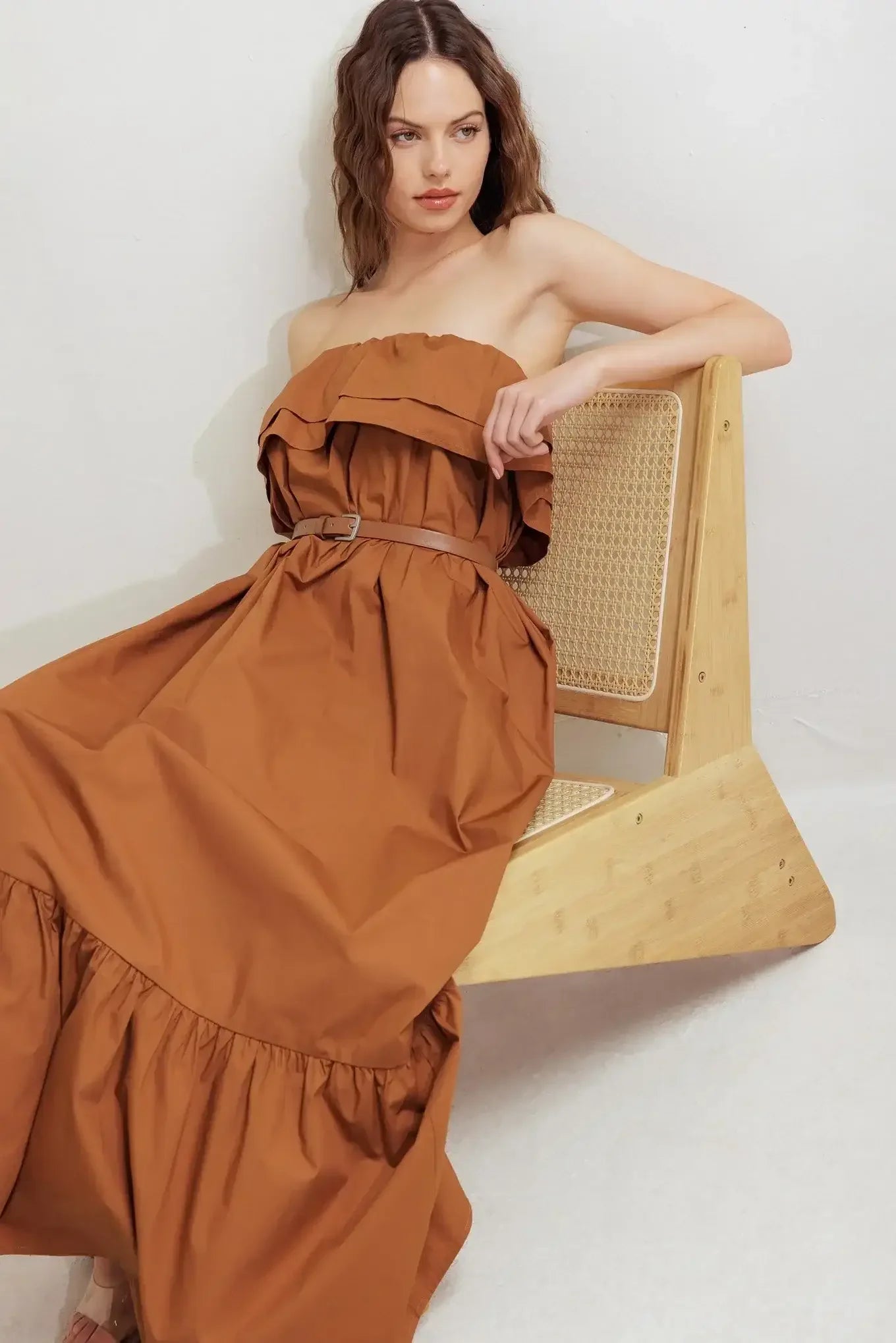 MILK & HONEY STRAPLESS BROWN MIDI DRESS