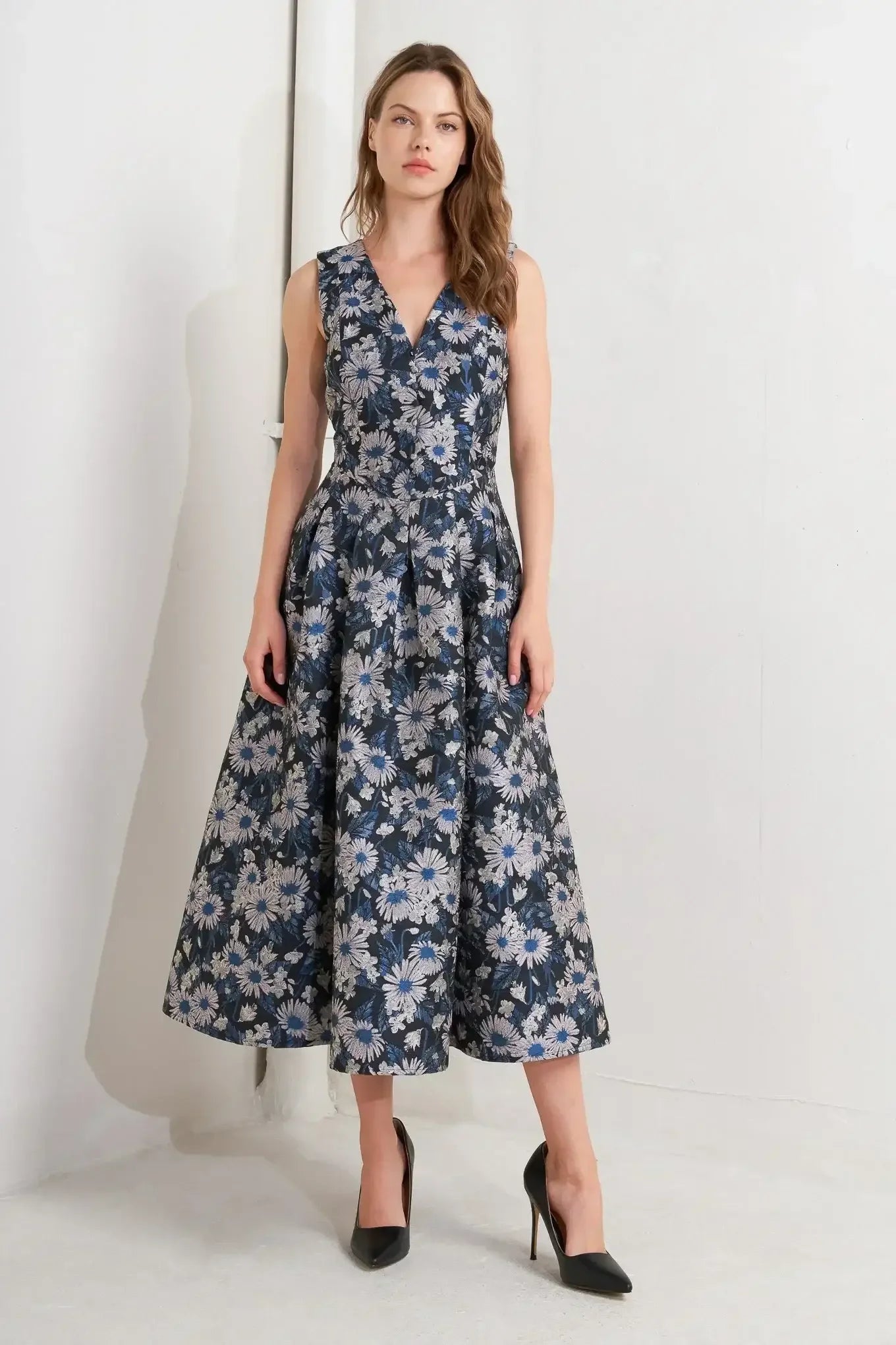 NAVY FLORAL JACQUARD MIDI DRESS WITH POCKETS