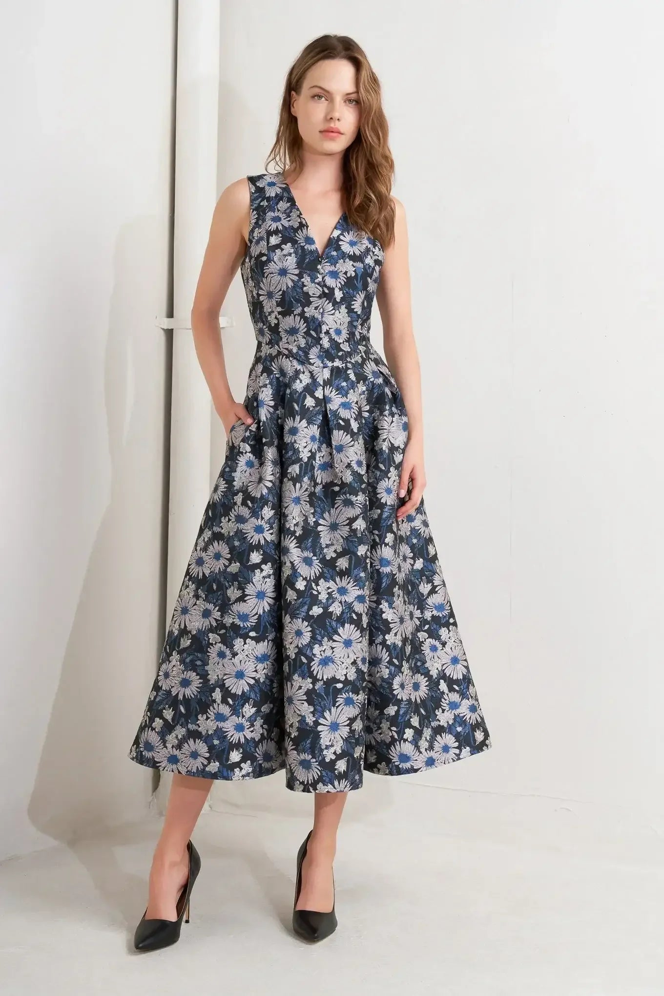 NAVY FLORAL JACQUARD MIDI DRESS WITH POCKETS