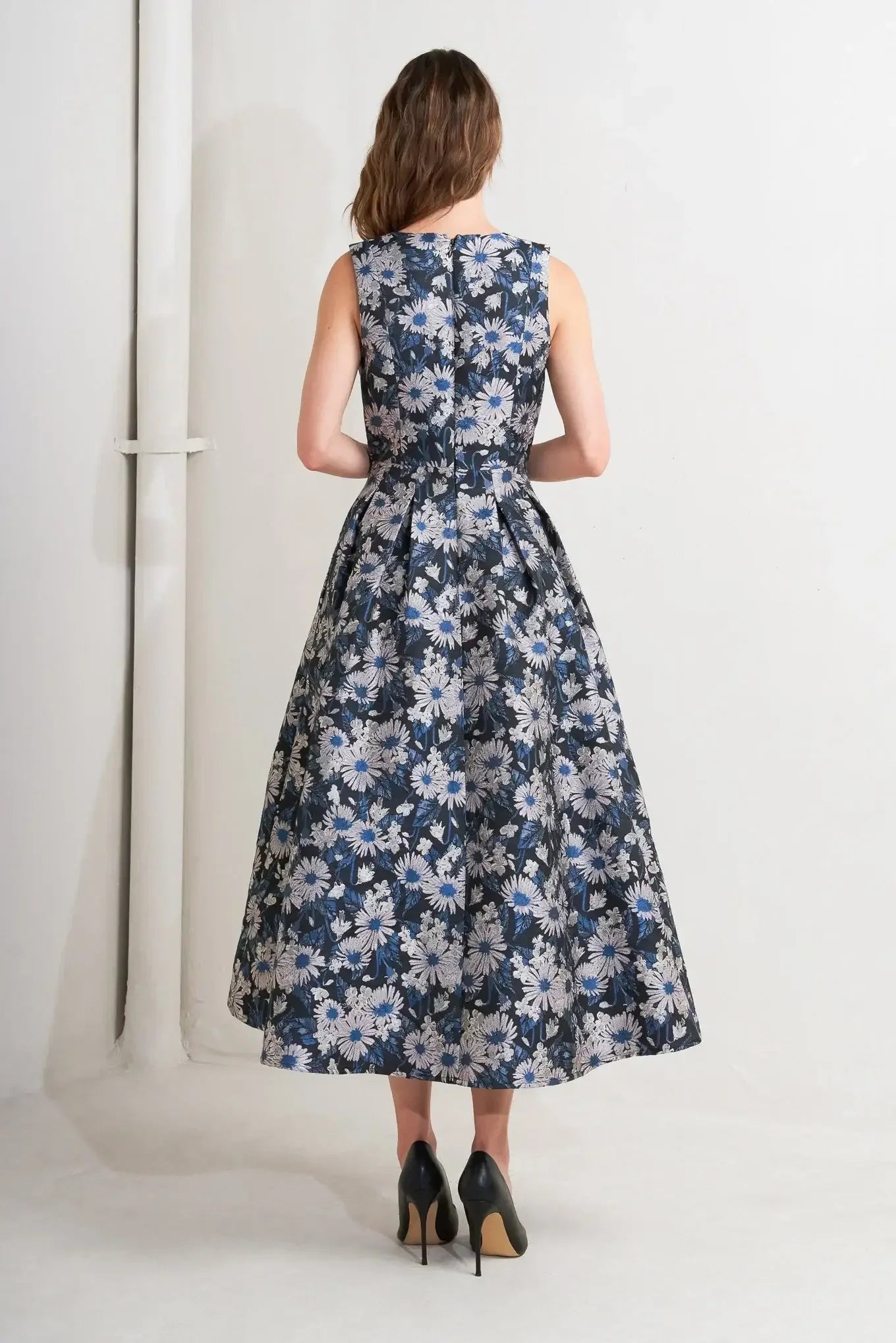 NAVY FLORAL JACQUARD MIDI DRESS WITH POCKETS