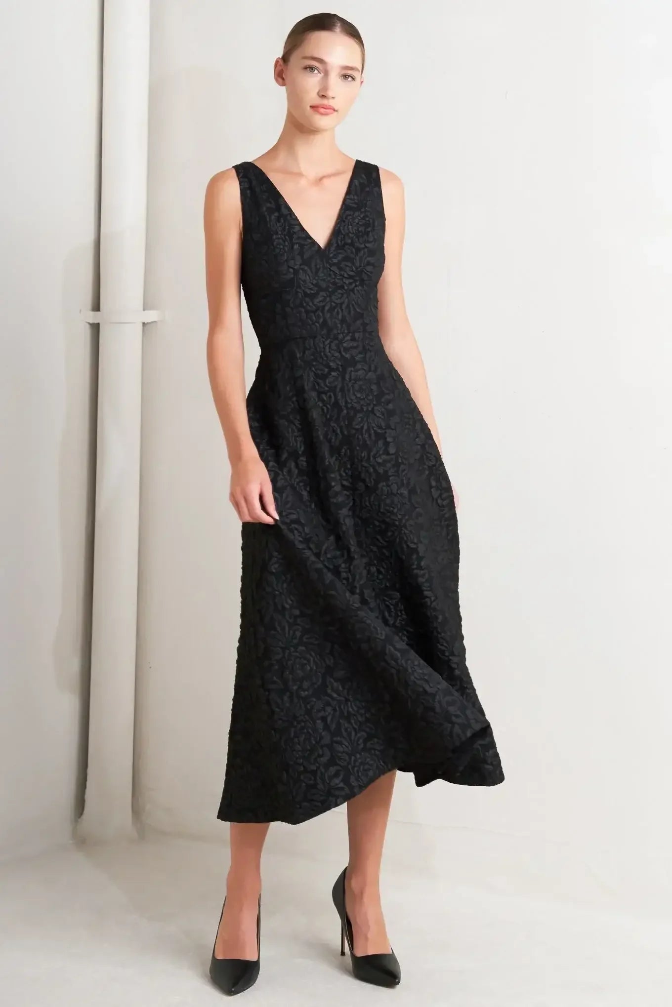 FEMME FATALE BLACK JACQUARD MIDI DRESS
