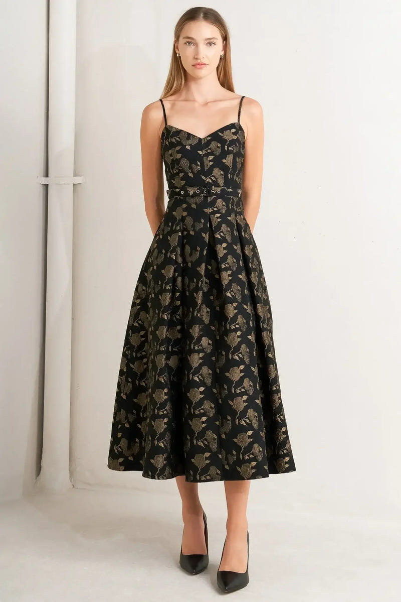 GARDEN OPERA BLACK & BROWN MIDI DRESS