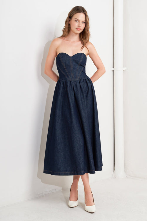VINTAGE SIREN - STRAPLESS DARK DENIM MIDI DRESS