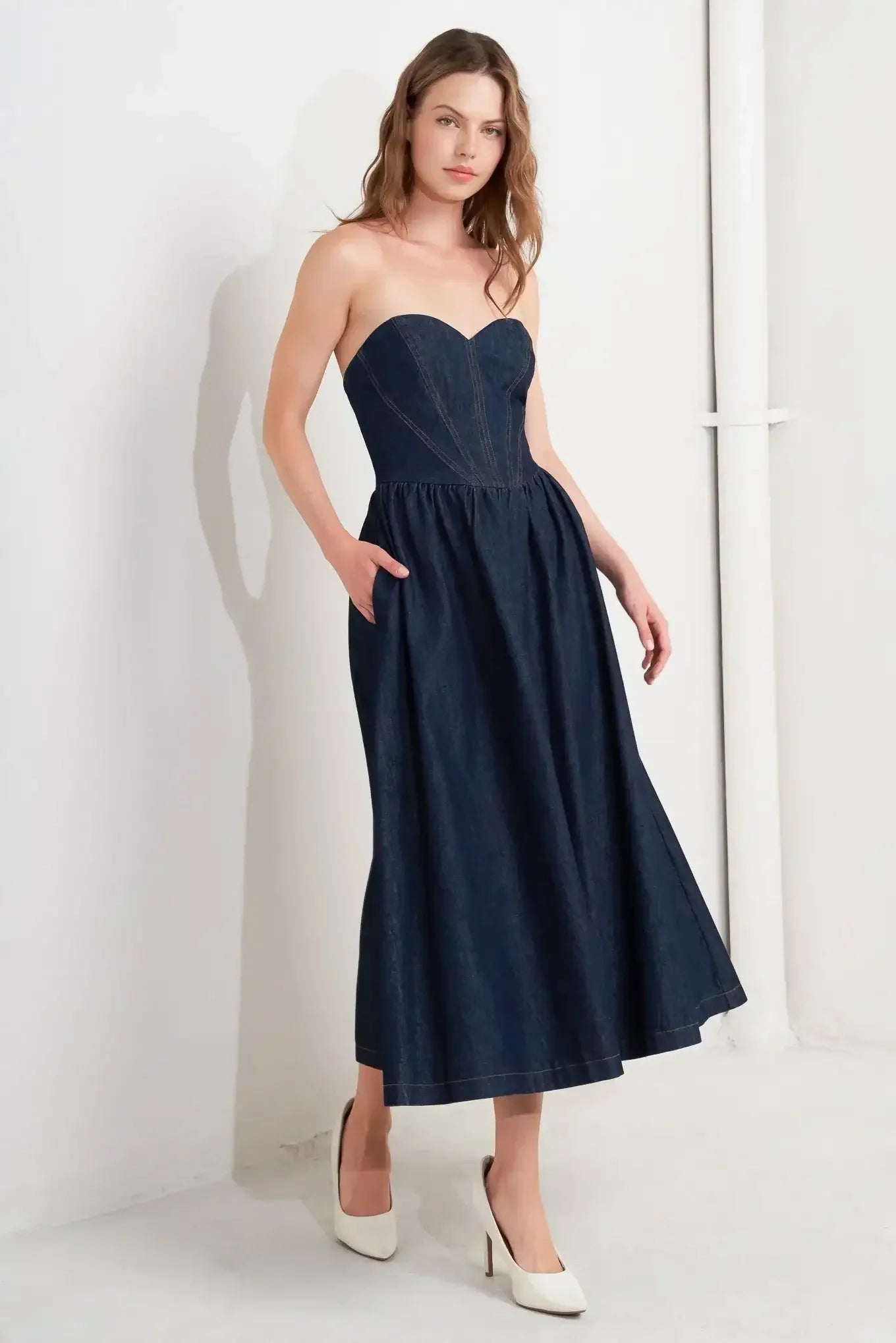 VINTAGE SIREN DARK DENIM MIDI DRESS