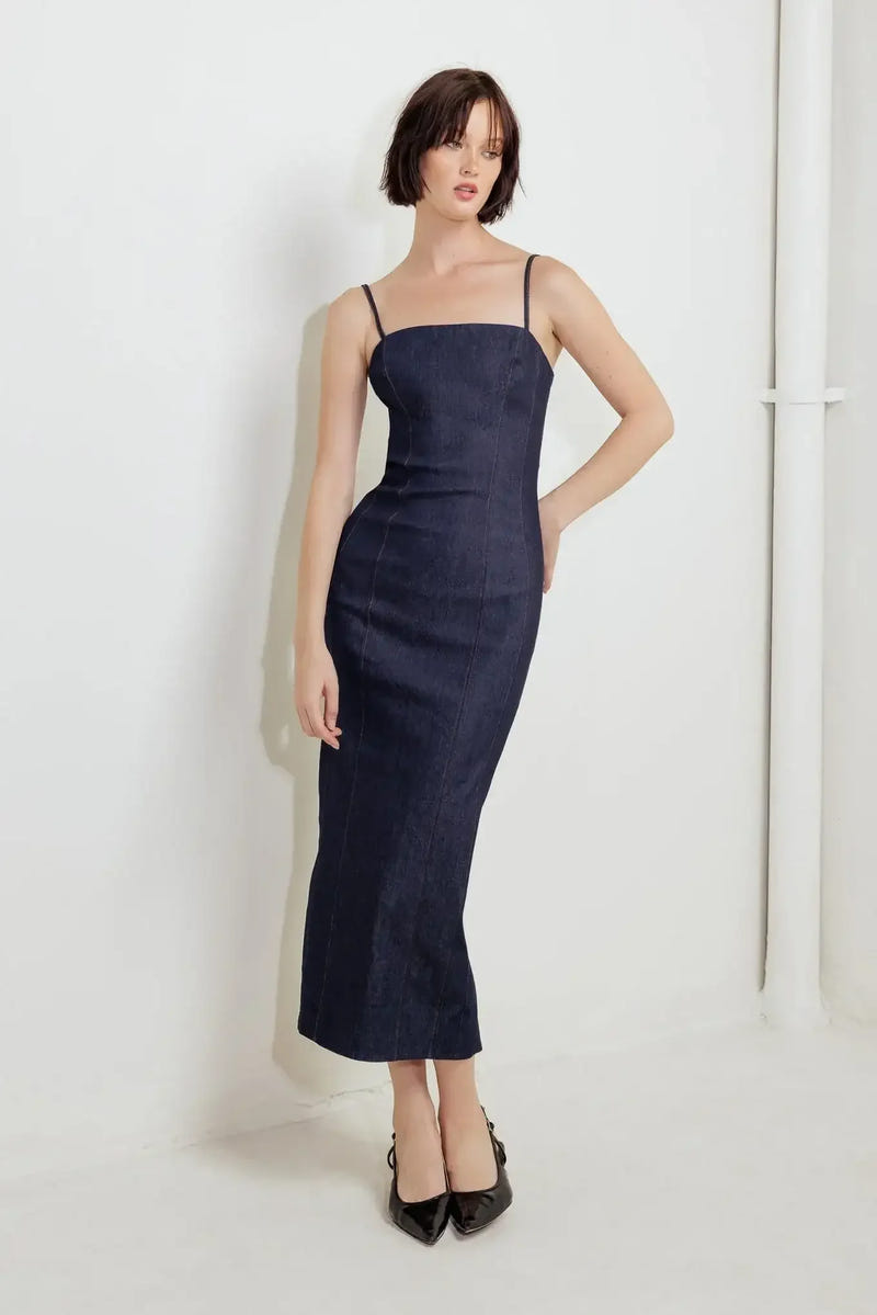 CAROLLA DARK DENIM MIDI DRESS