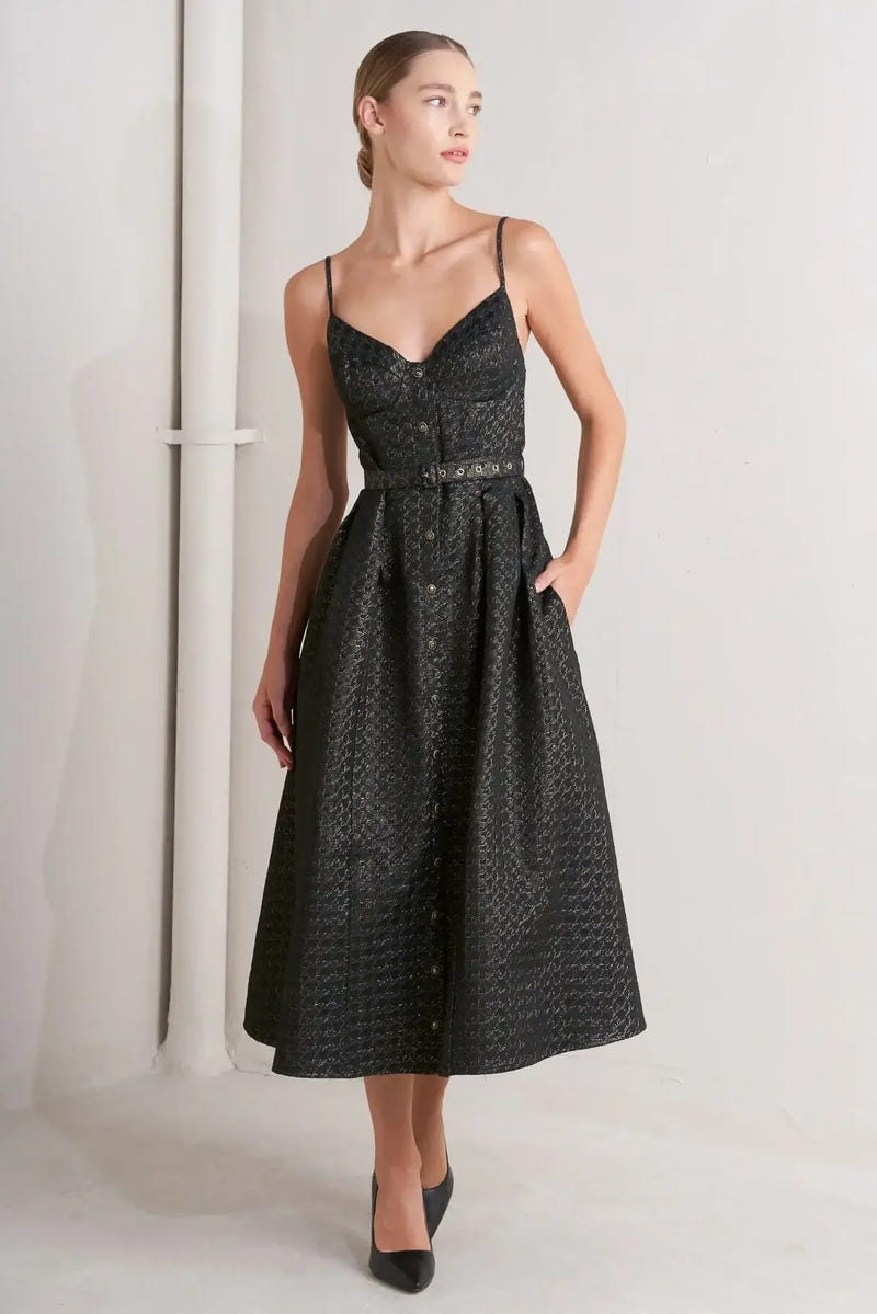 NOIR TAPESTRY NAVY & GOLD MIDI DRESS