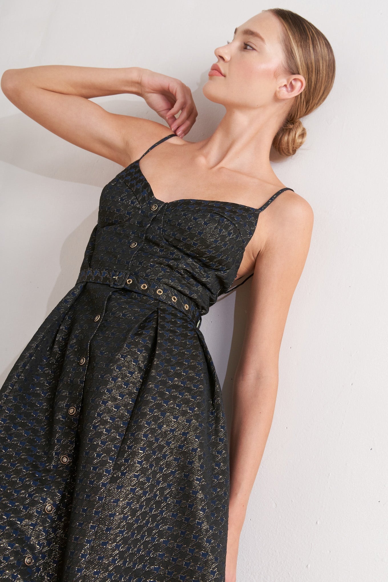 black gold midi dress Black A-Line Midi Dress With Embellished Flower