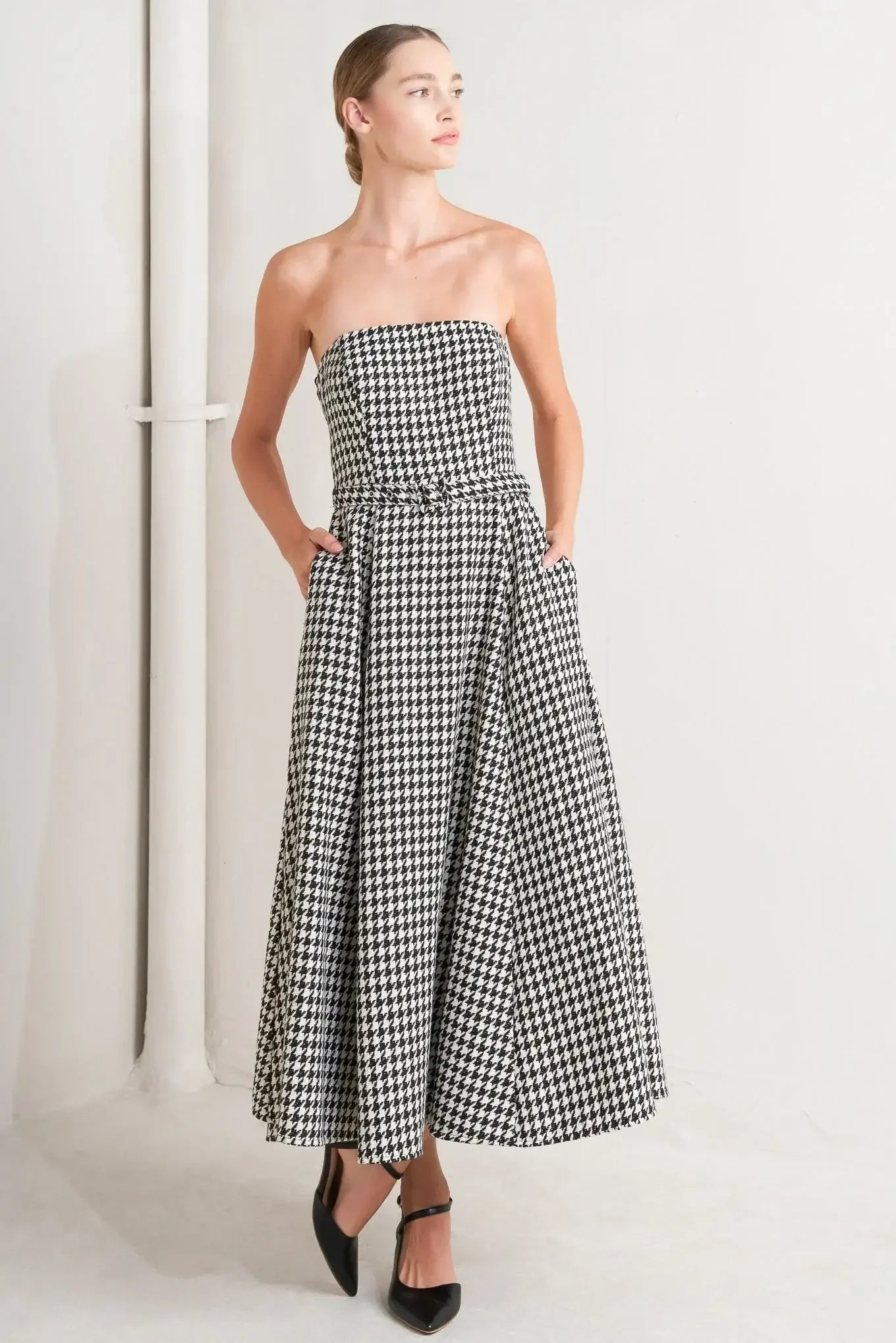 MONOCHROME BALLET HOUNDSTOOTH MIDI DRESS