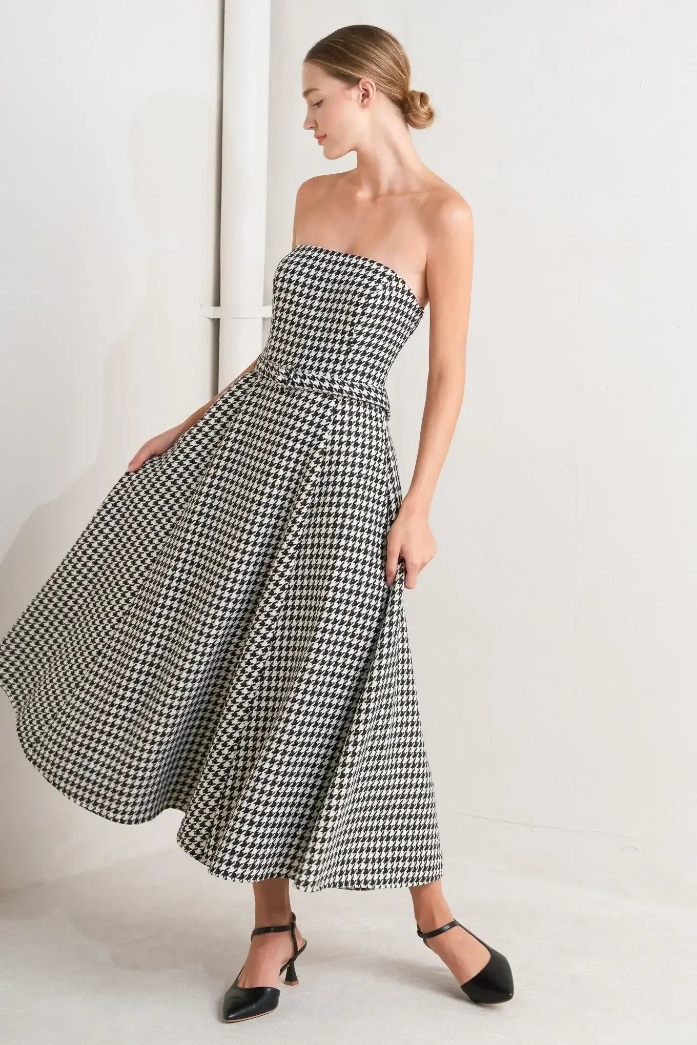 MONOCHROME BALLET HOUNDSTOOTH MIDI DRESS