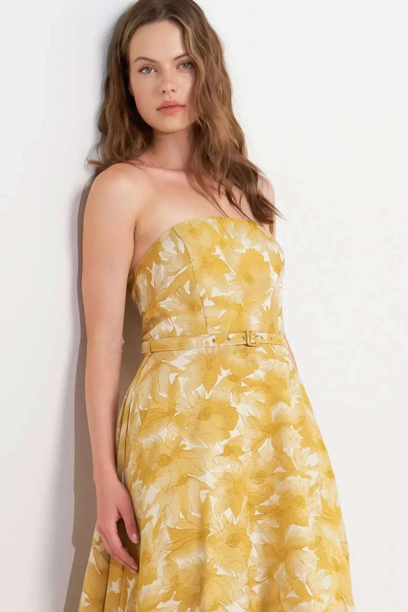 MARIS FLORAL JACQUARD MUSTARD MIDI DRESS
