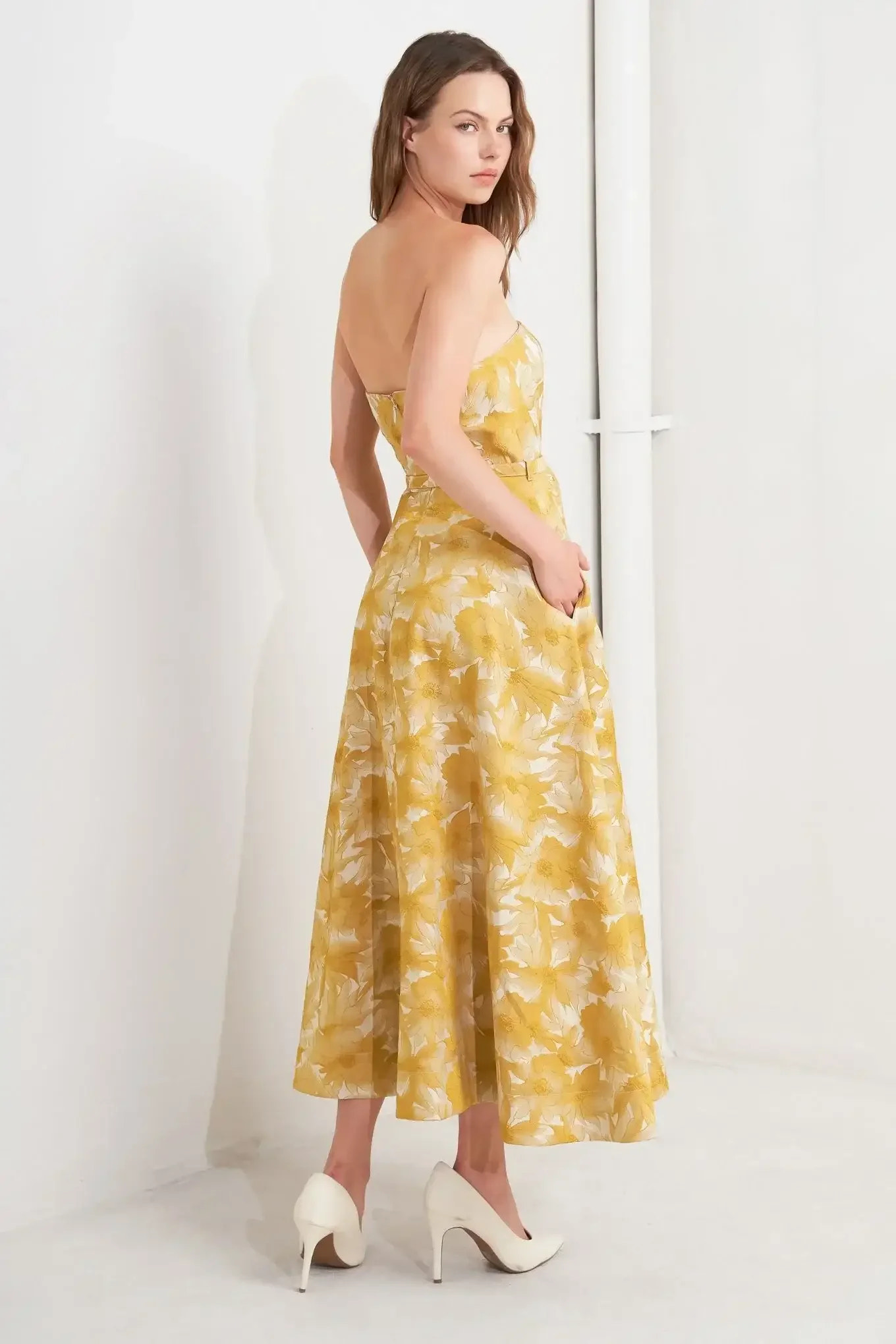 MARIS FLORAL JACQUARD MUSTARD MIDI DRESS