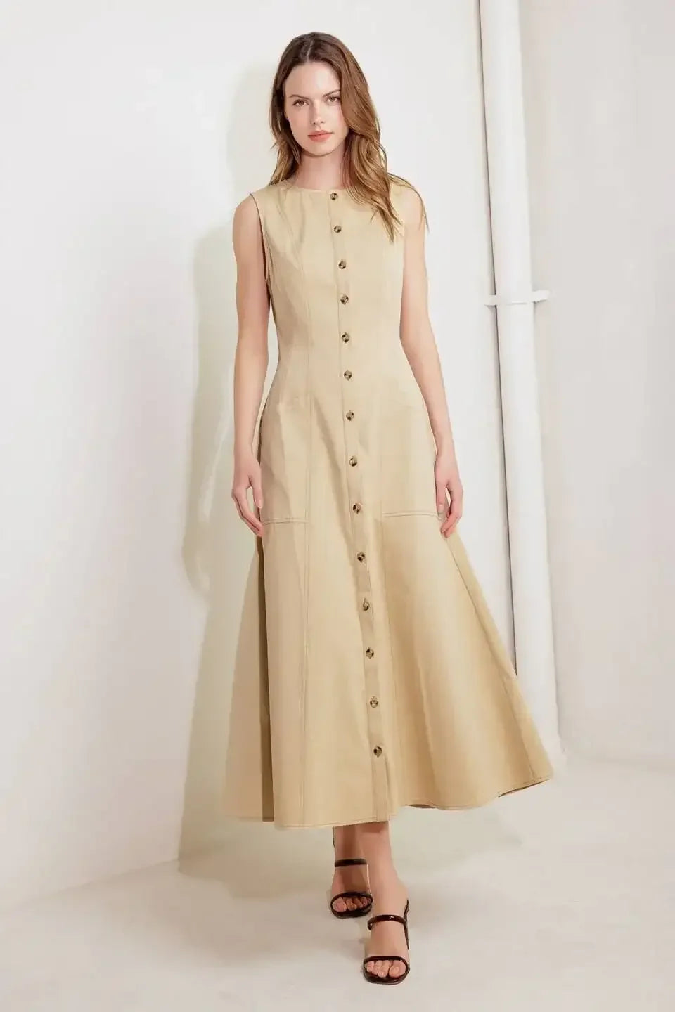 MAISIE MIDI DRESS BUTTON FRONT LIGHT BROWN DRESS