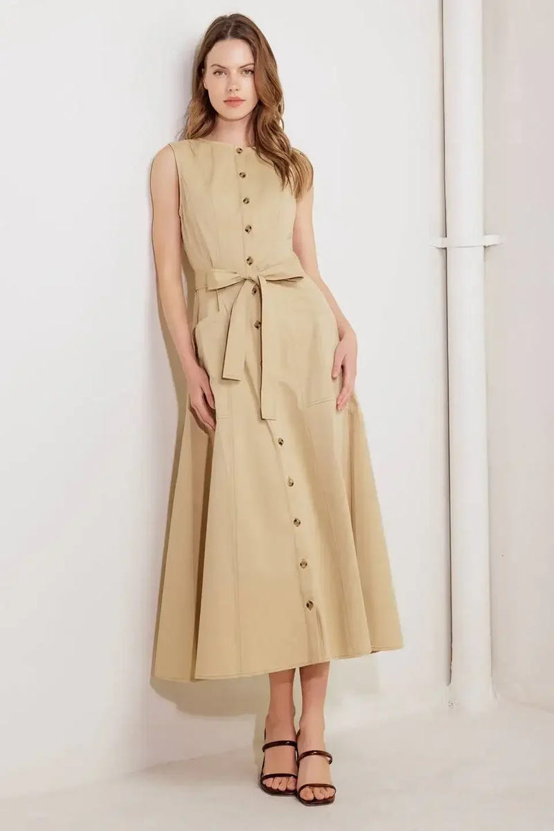 MAISIE MIDI DRESS BUTTON FRONT LIGHT BROWN DRESS