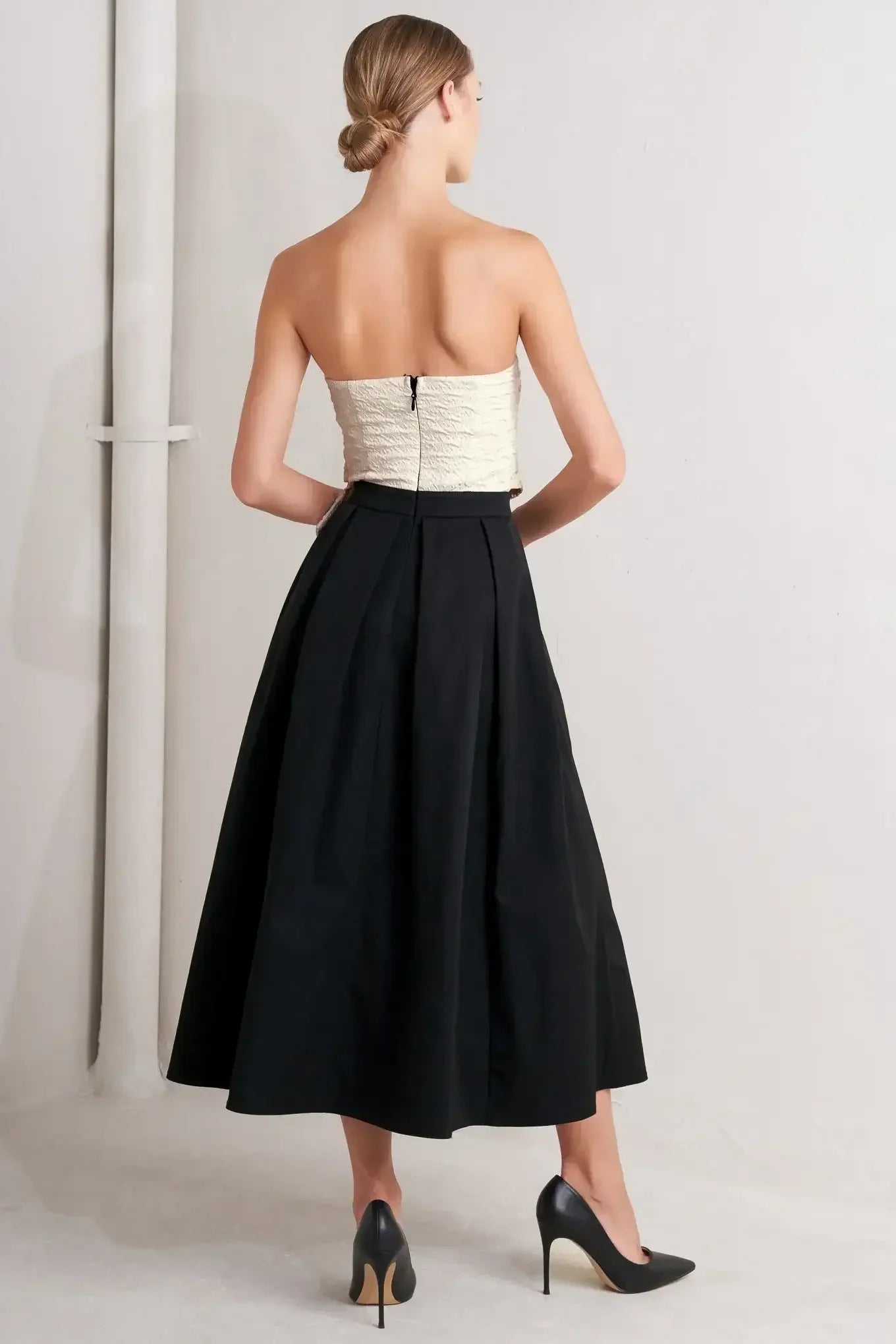 MONO BALLET BLACK & CREAM STRAPLESS MIDI DRESS