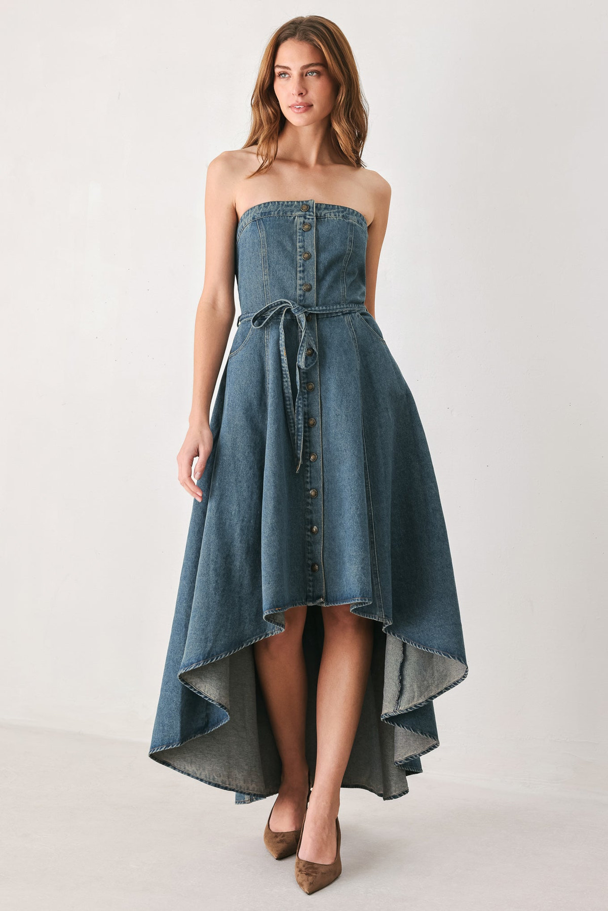 Strapless Button Front High Low Denim Midi Dress in Medium Indigo, front view | Lady Black Tie