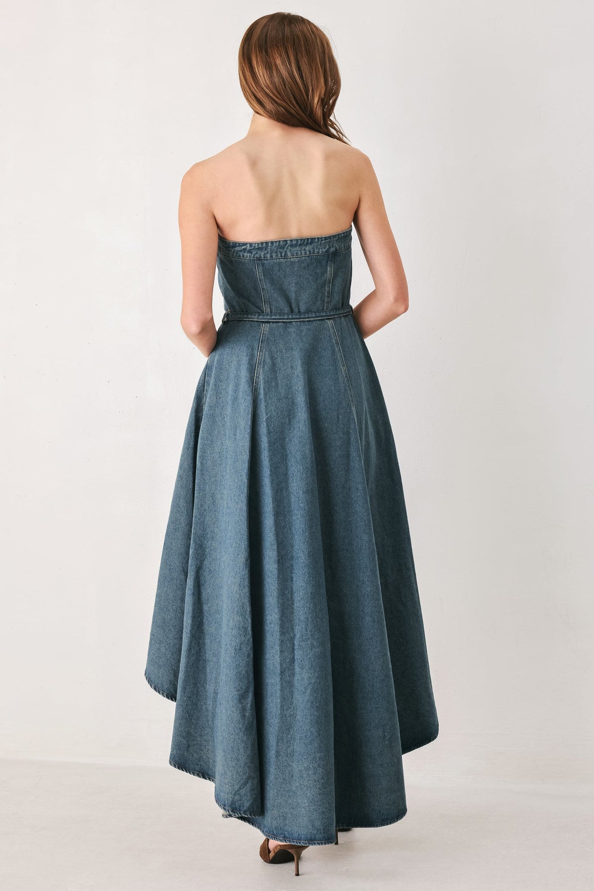 Strapless Button Front High Low Denim Midi Dress in Medium Indigo, back view | Lady Black Tie