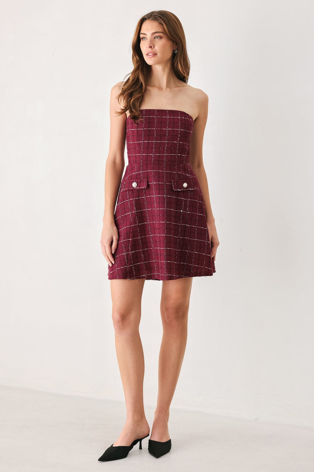 Wine Plaid Strapless Tweed Mini Dress in Wine, full-length front view | Lady Black Tie