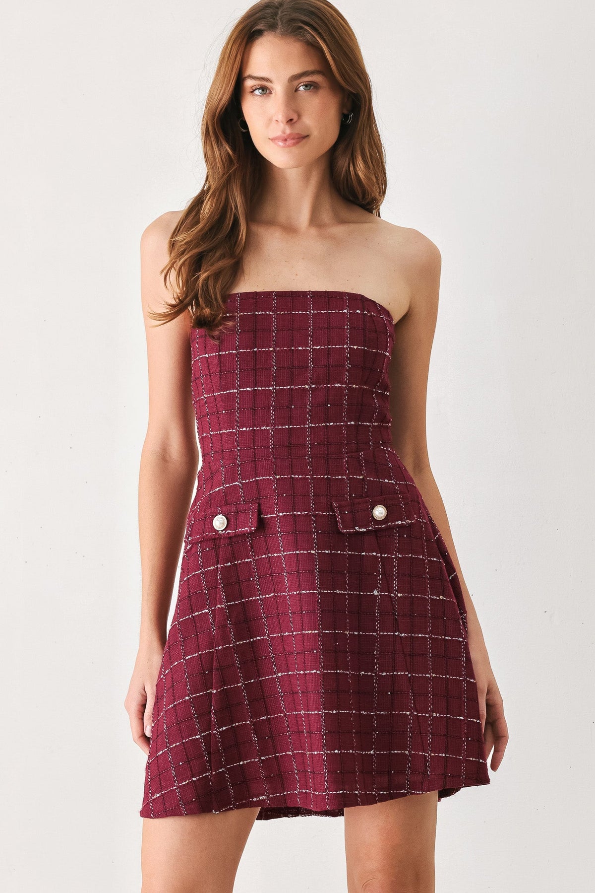 Wine Plaid Strapless Tweed Mini Dress in Wine, front view | Lady Black Tie