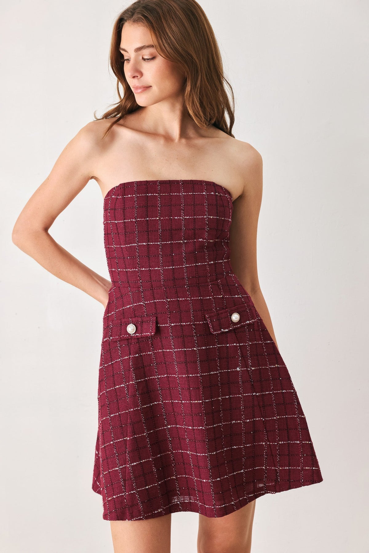 Wine Plaid Strapless Tweed Mini Dress in Wine, front view | Lady Black Tie