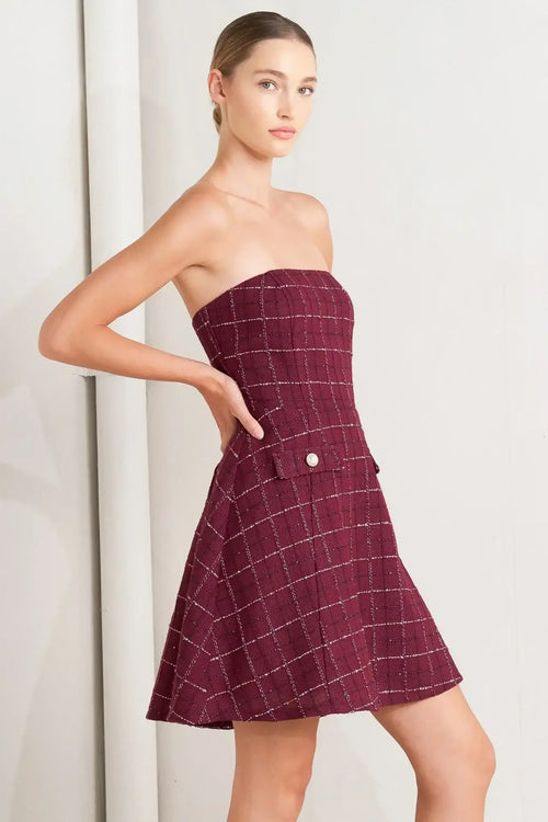 TWEED STRAPLESS MINI DRESS - WINE