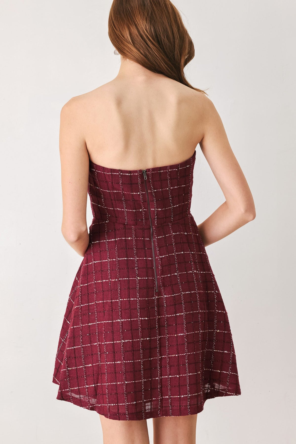 Wine Plaid Strapless Tweed Mini Dress in Wine, back view | Lady Black Tie