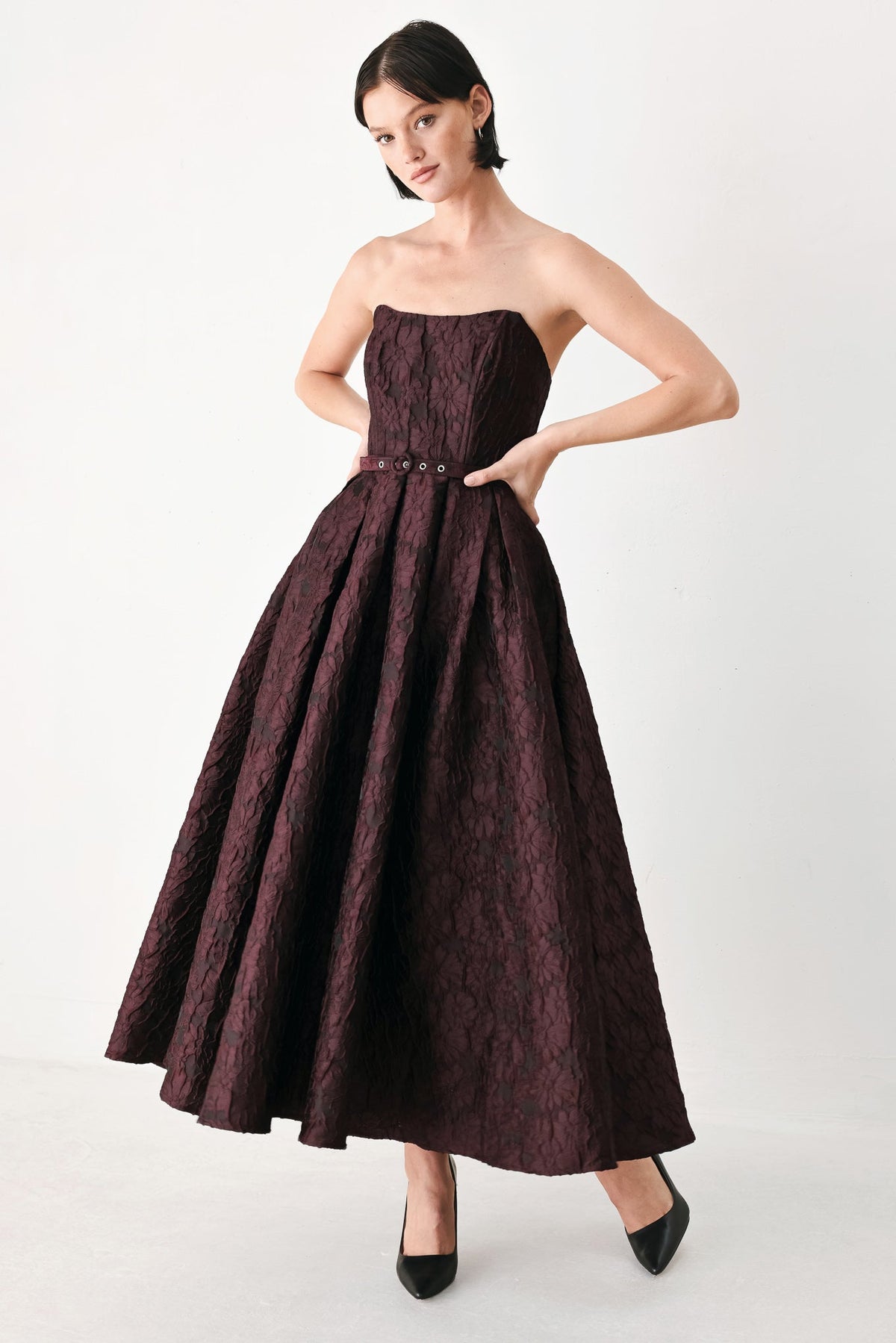 Burgundy Strapless Jacquard Midi Dress with Pockets in Burgundy, front view | Lady Black Tie