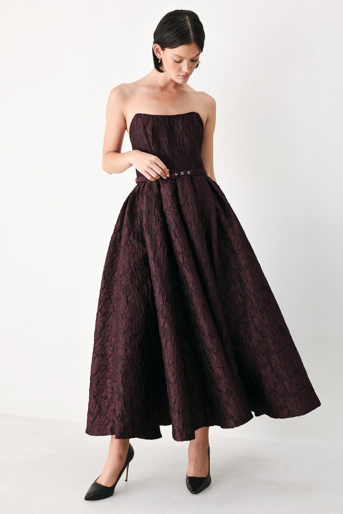 Burgundy Strapless Jacquard Midi Dress with Pockets in Burgundy, front view | Lady Black Tie