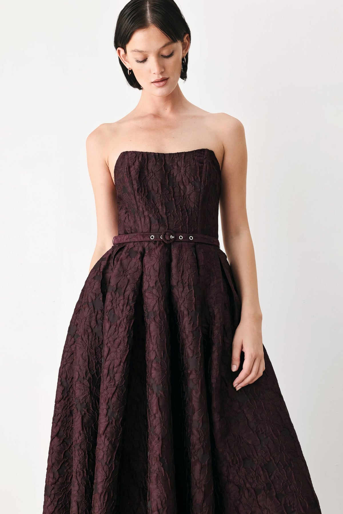 Burgundy Strapless Jacquard Midi Dress with Pockets in Burgundy, front view | Lady Black Tie