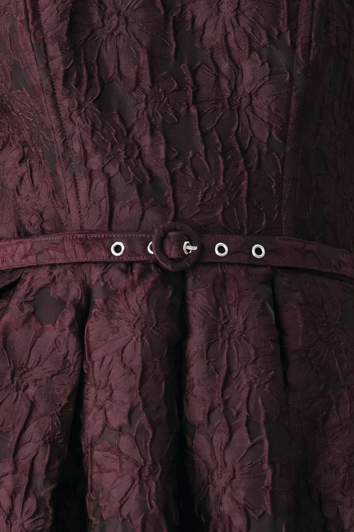 Burgundy Strapless Jacquard Midi Dress with Pockets in Burgundy, close-up of jacquard fabric and belt | Lady Black Tie