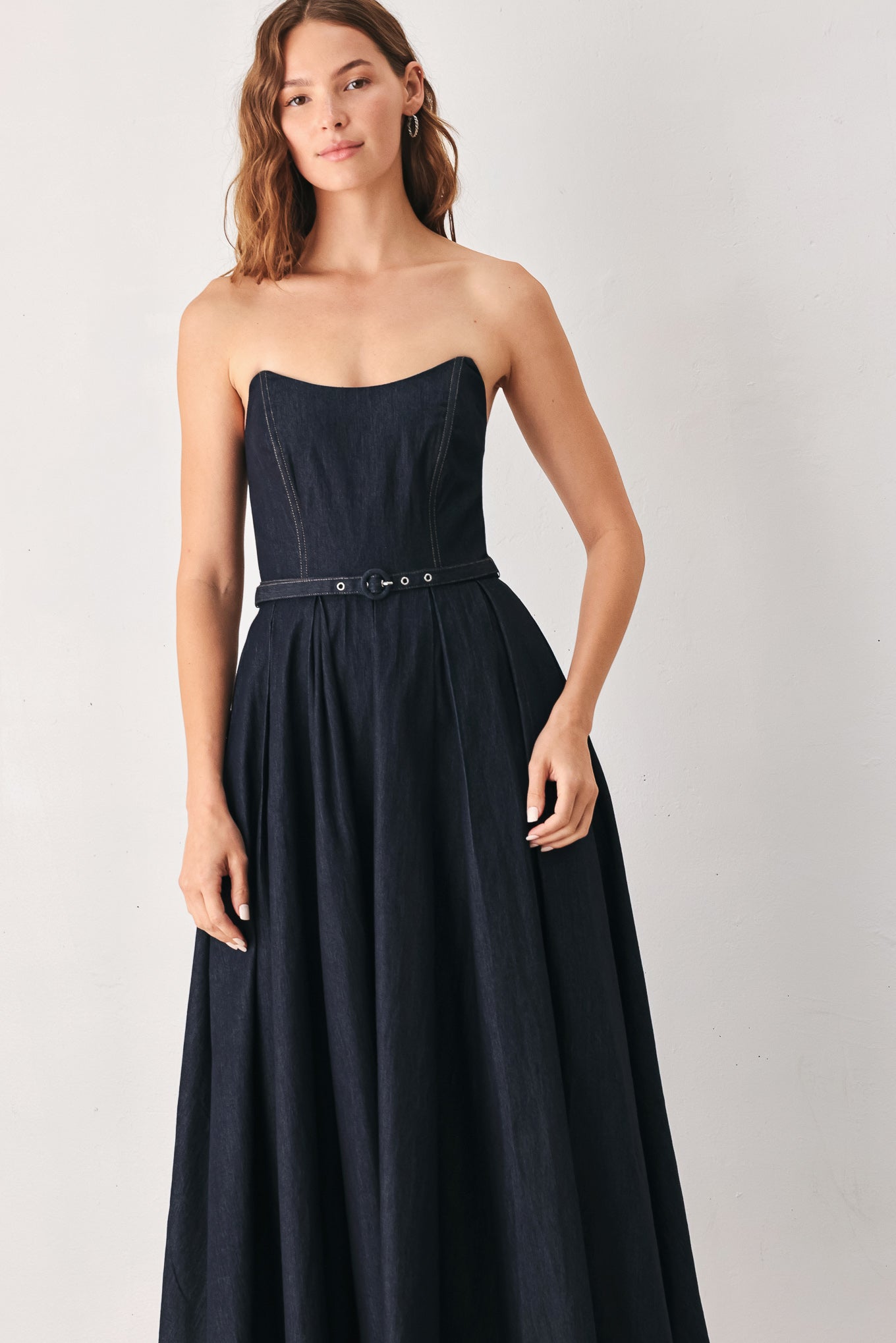 PARTY MUSE - STRAPLESS DARK DENIM MIDI DRESS