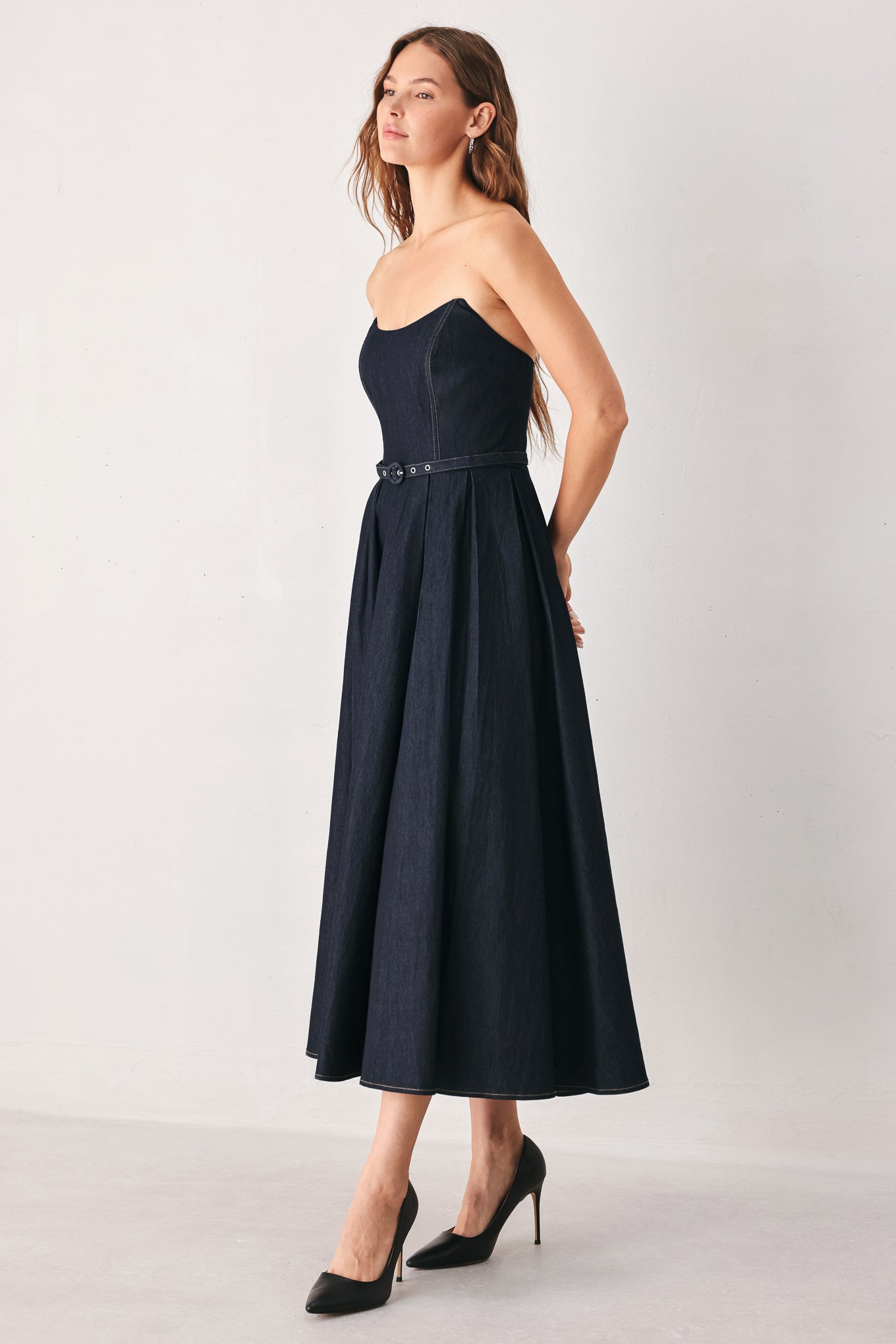 Lady Black Tie - Party Muse - Strapless Dark Denim Midi Dress