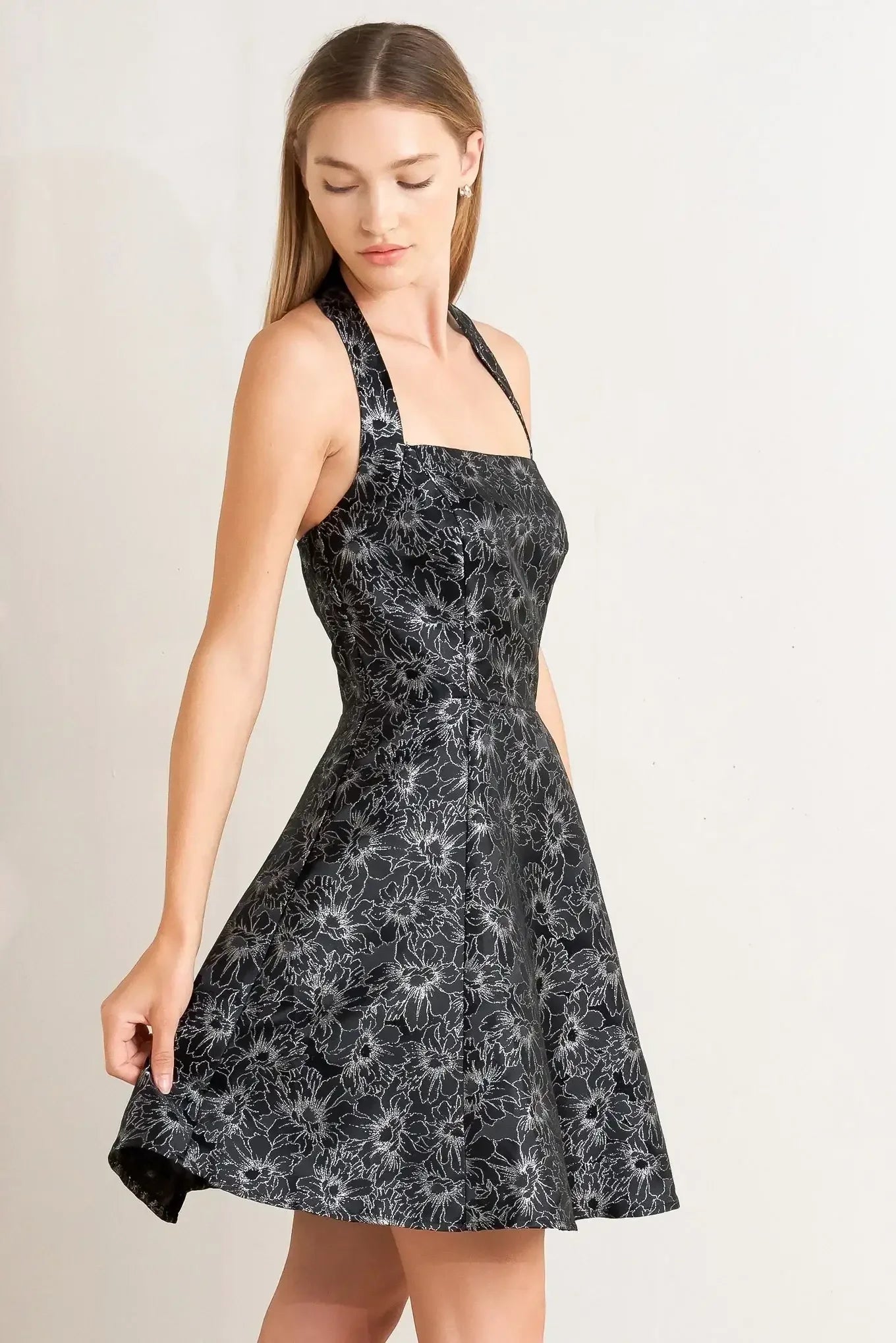 MYSTIC HOUR BLACK & SILVER JACQUARD MINI DRESS