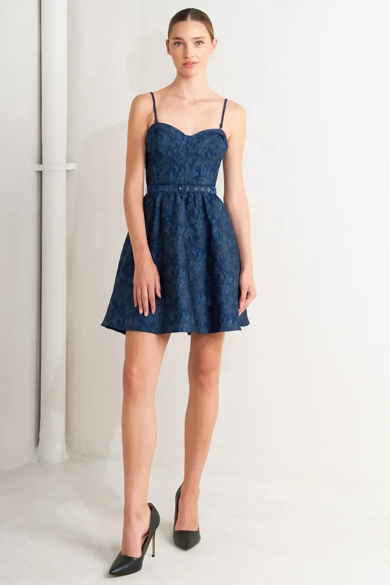 NAVY ROMANCE JACQUARD MINI DRESS