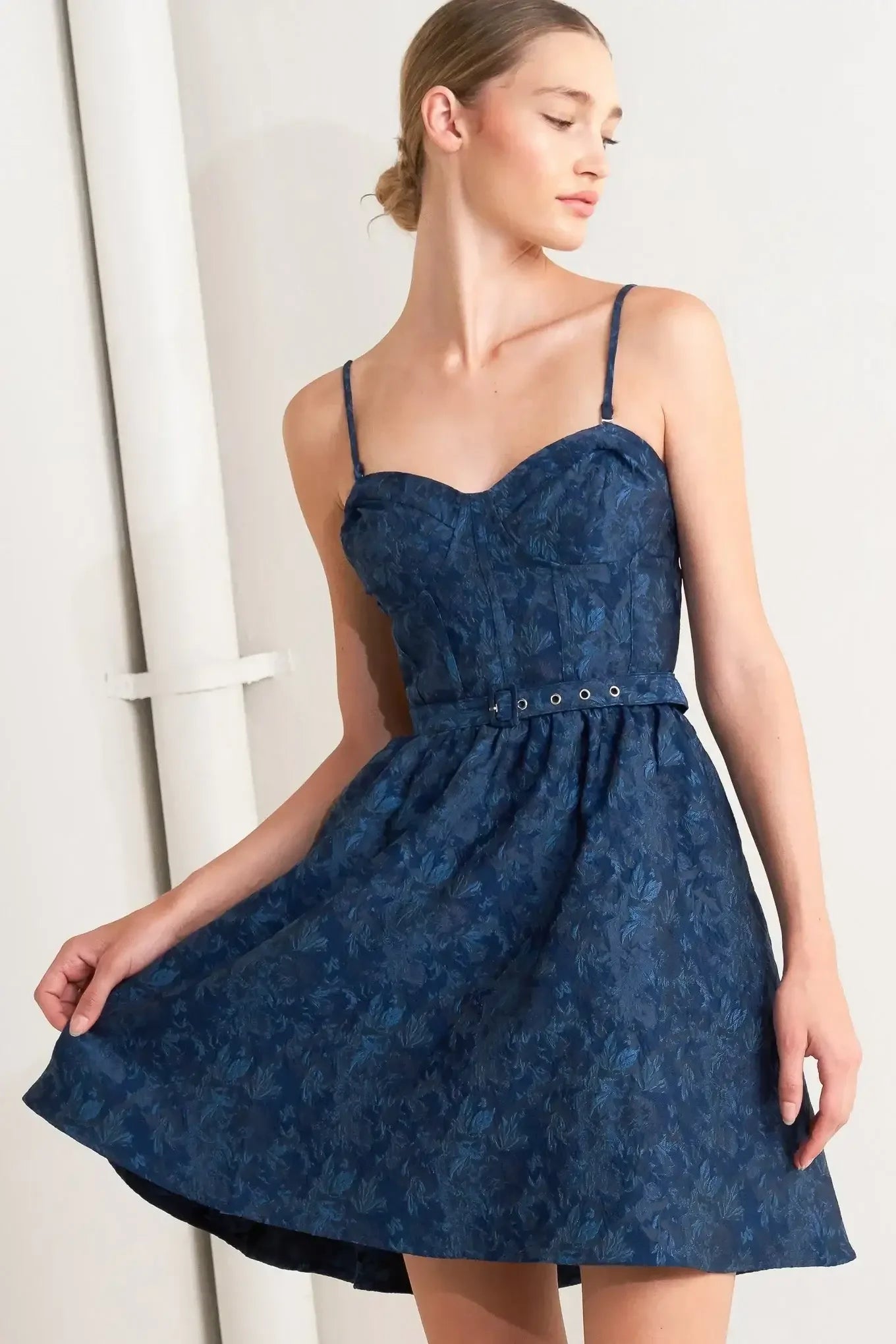 NAVY ROMANCE JACQUARD MINI DRESS
