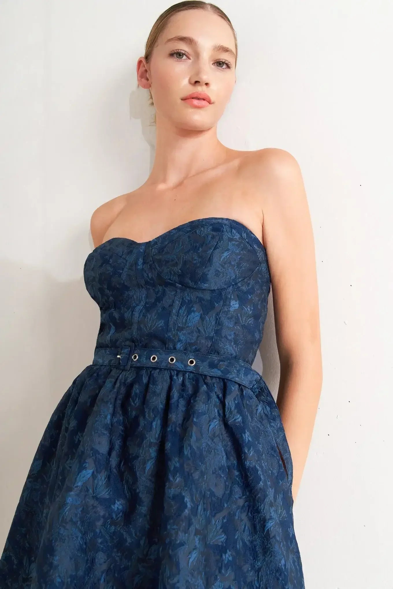 NAVY ROMANCE JACQUARD MINI DRESS