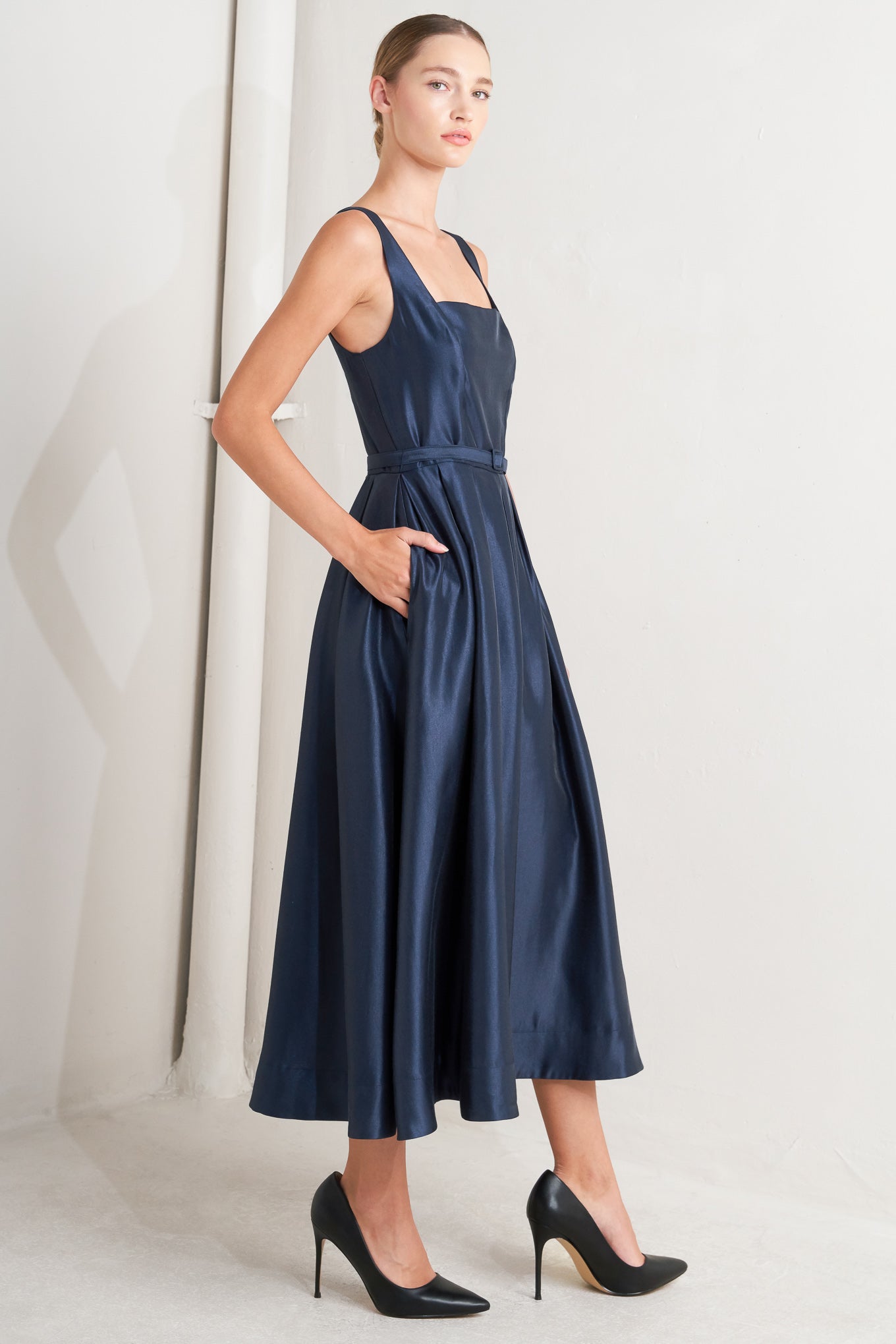 navy blue silk midi dress Rihoas Navy Blue Satin Midi Dress Long Sleeve Corset Lace Up for Winter Wedding Guest, Cocktail Parties, Navy / XS