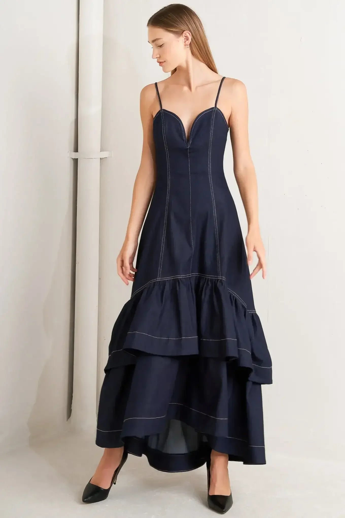 RUFFLED ELEGANCE DARK DENIM MIDI DRESS