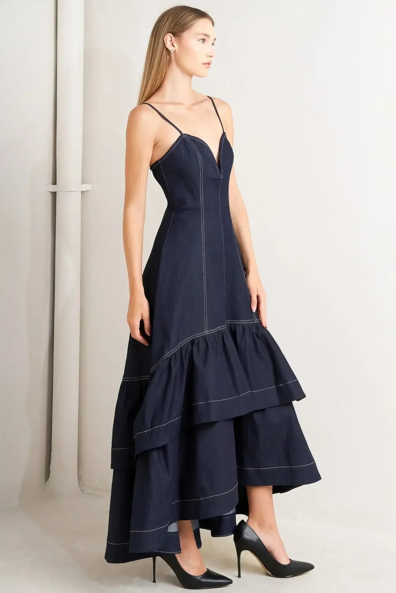 RUFFLED ELEGANCE DARK DENIM MIDI DRESS