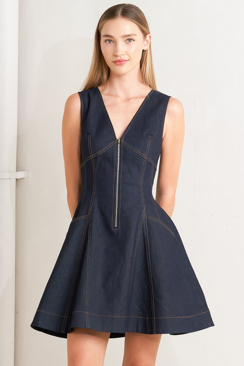 FRESH EDIT - V-NECK ZIP FRONT DARK DENIM MINI DRESS