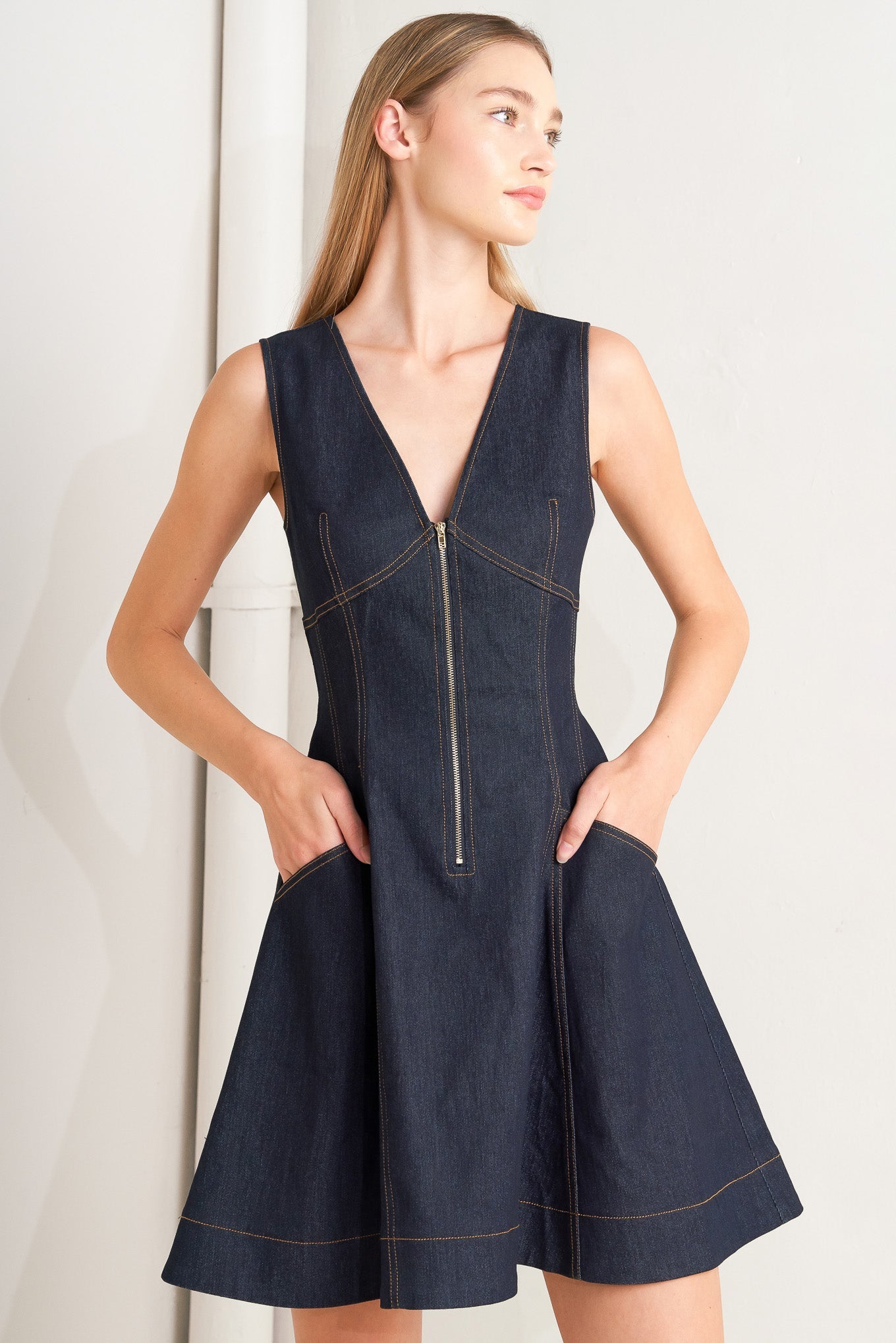 Fresh Edit - V-Neck Zip Front Dark Denim Mini Dress