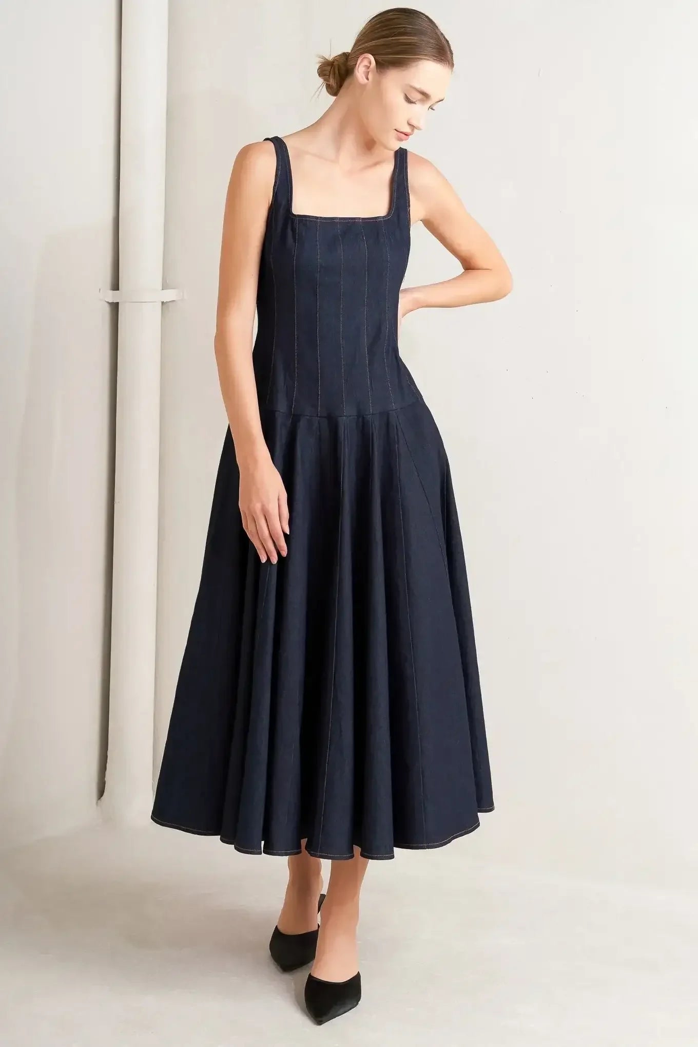 SQUARE NECKLINE DARK DENIM MIDI DRESS