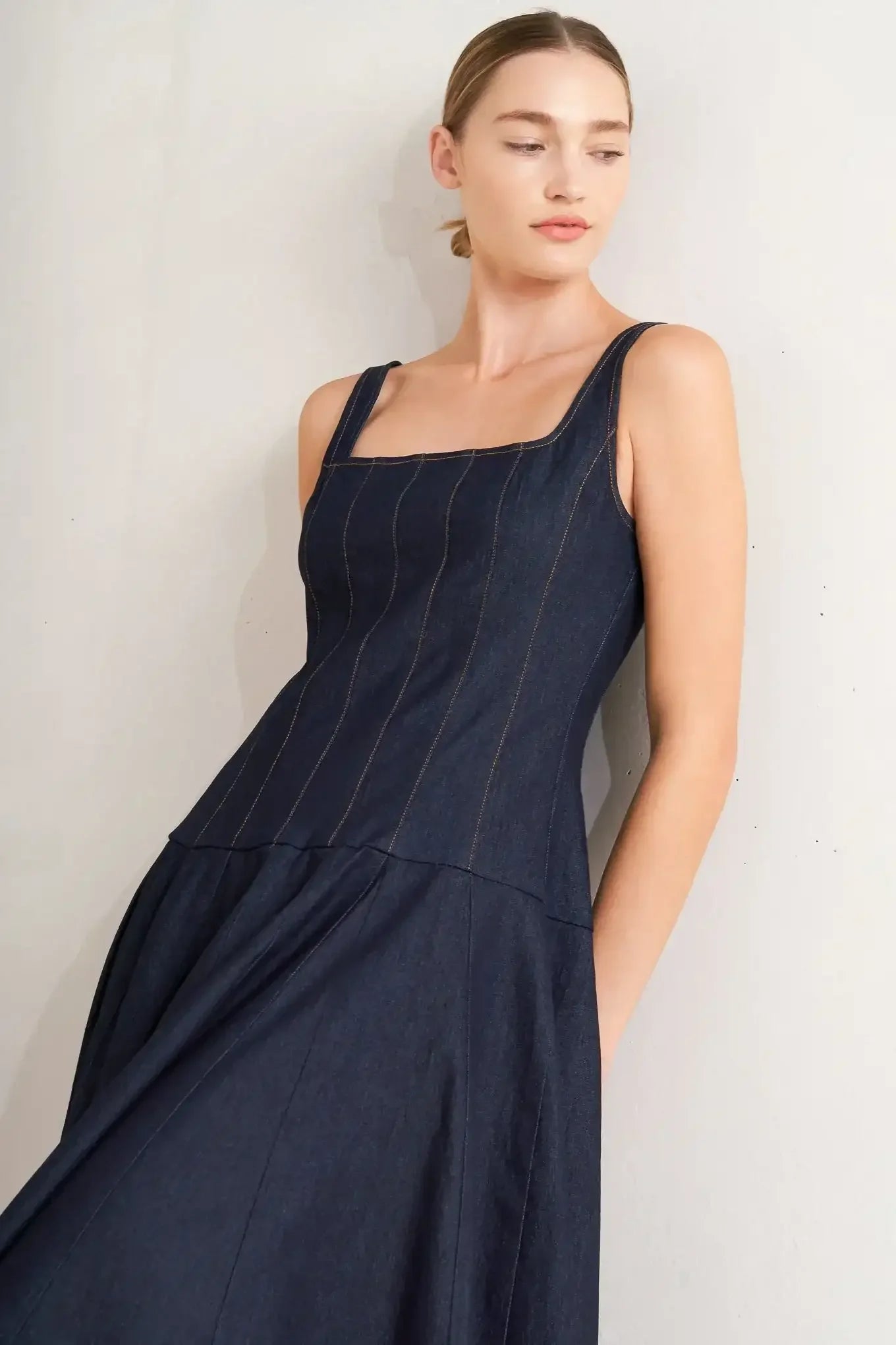 SQUARE NECKLINE DARK DENIM MIDI DRESS