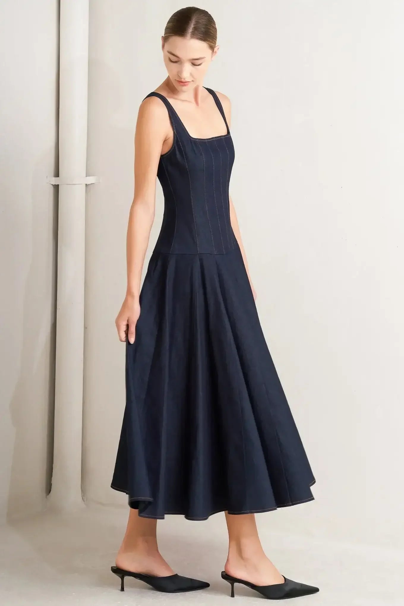 SQUARE NECKLINE DARK DENIM MIDI DRESS