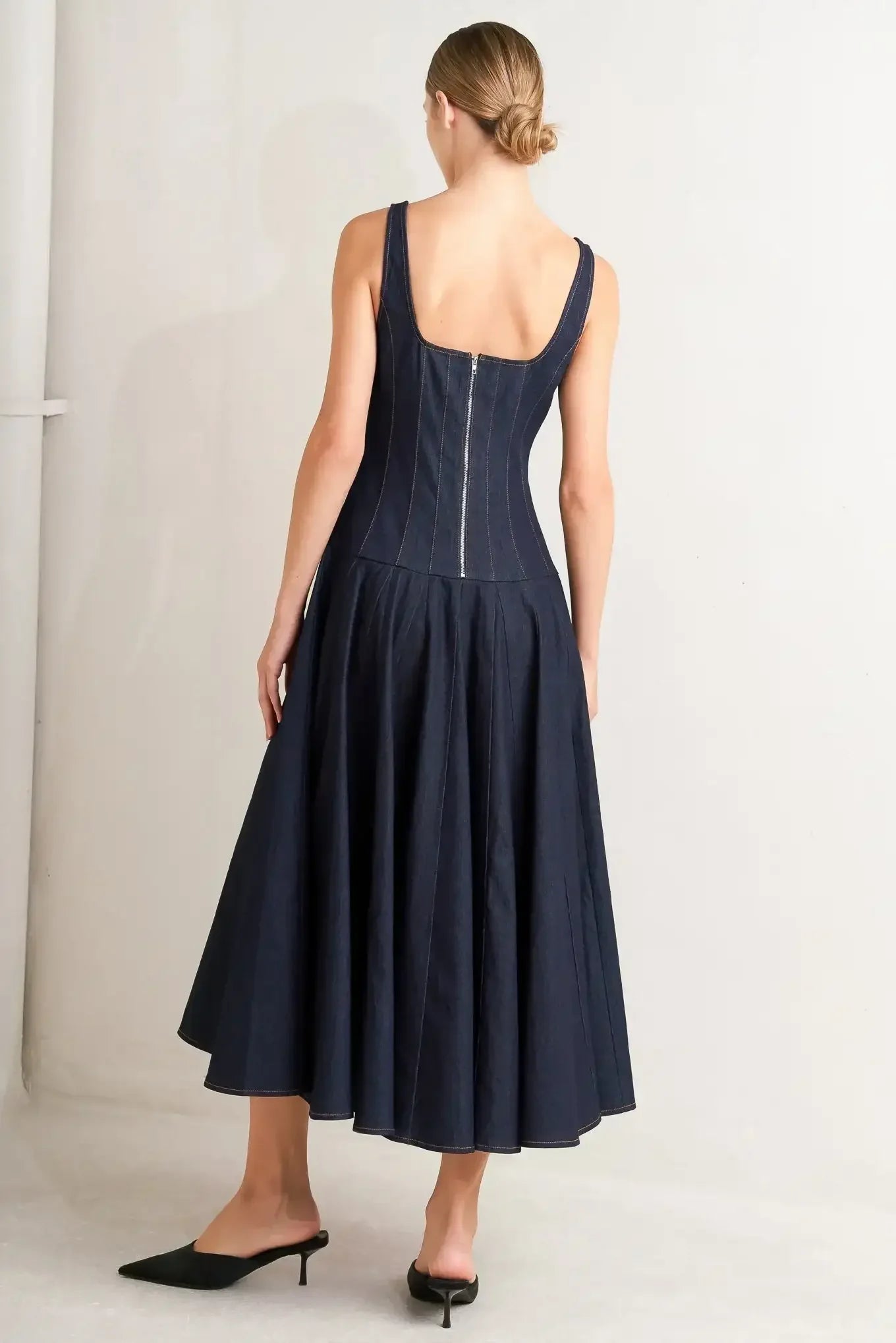 SQUARE NECKLINE DARK DENIM MIDI DRESS
