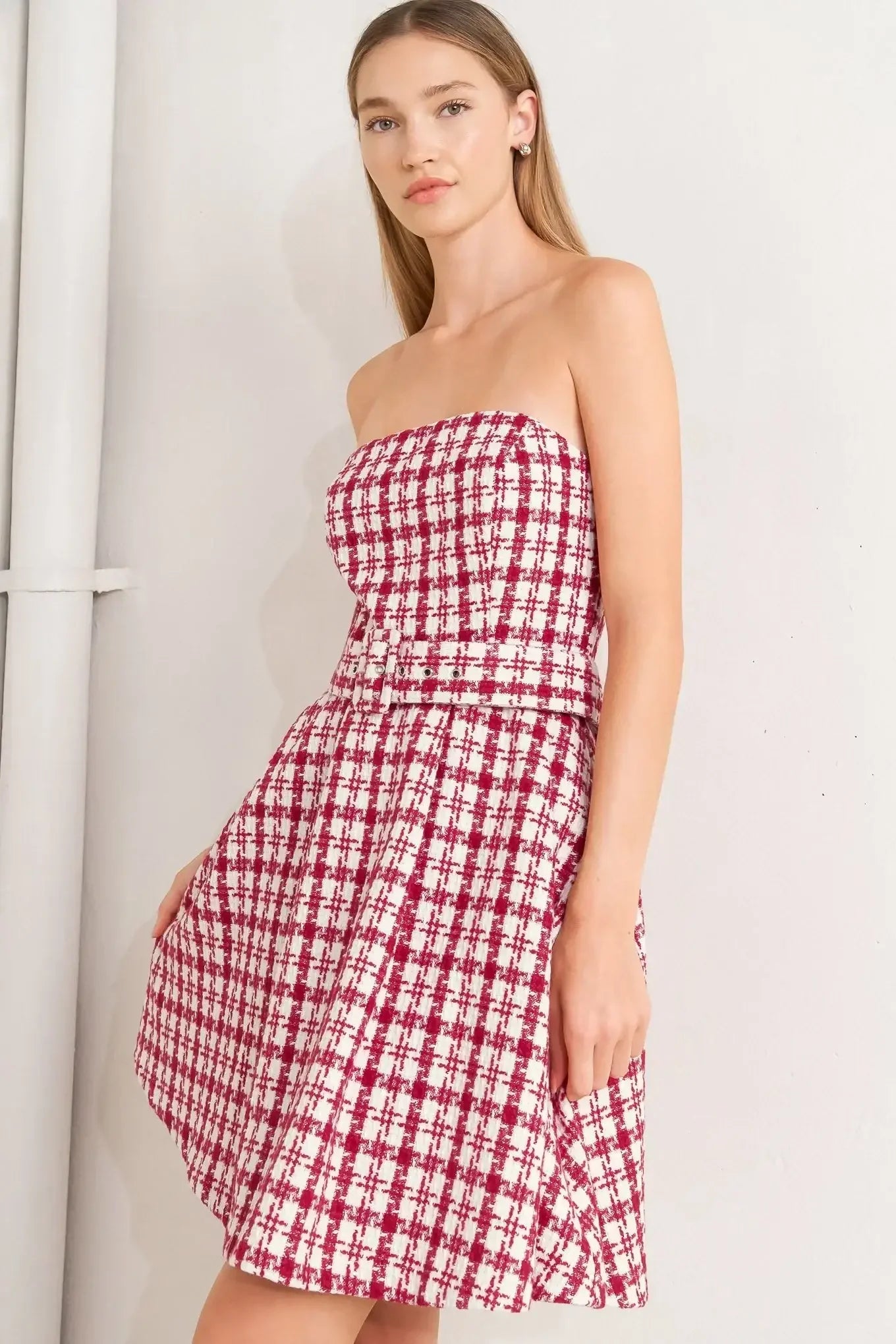 RED CHECK TWEED MINI DRESS