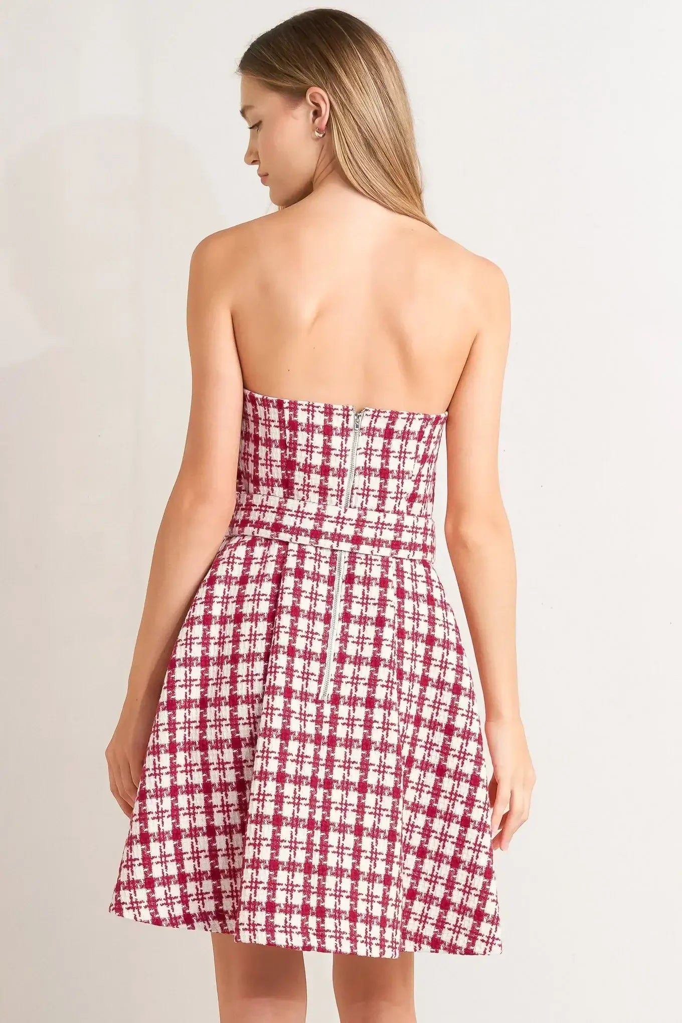 RED CHECK TWEED MINI DRESS
