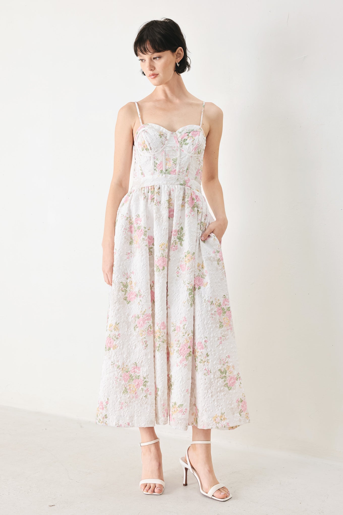 PASTEL ROMANCE WHITE FLORAL MIDI DRESS