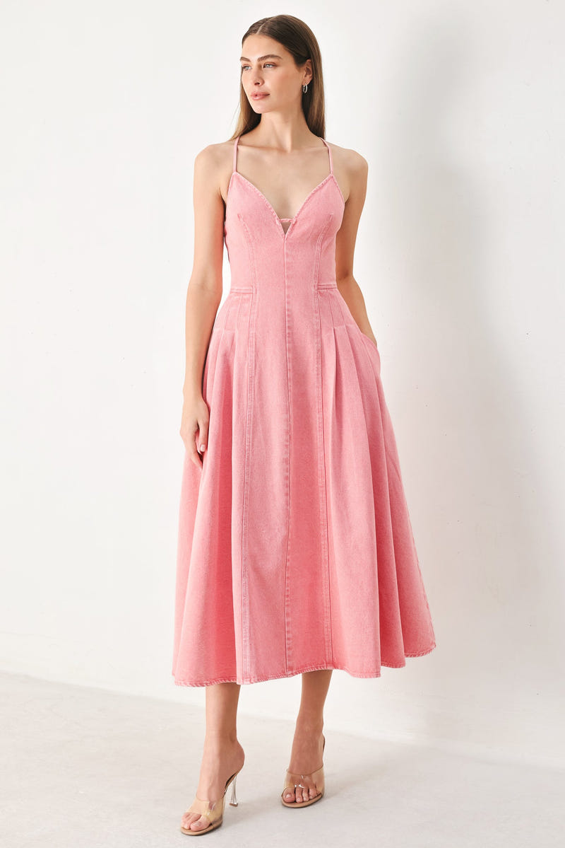 PINK HAZE - OPEN BACK DENIM MIDI DRESS